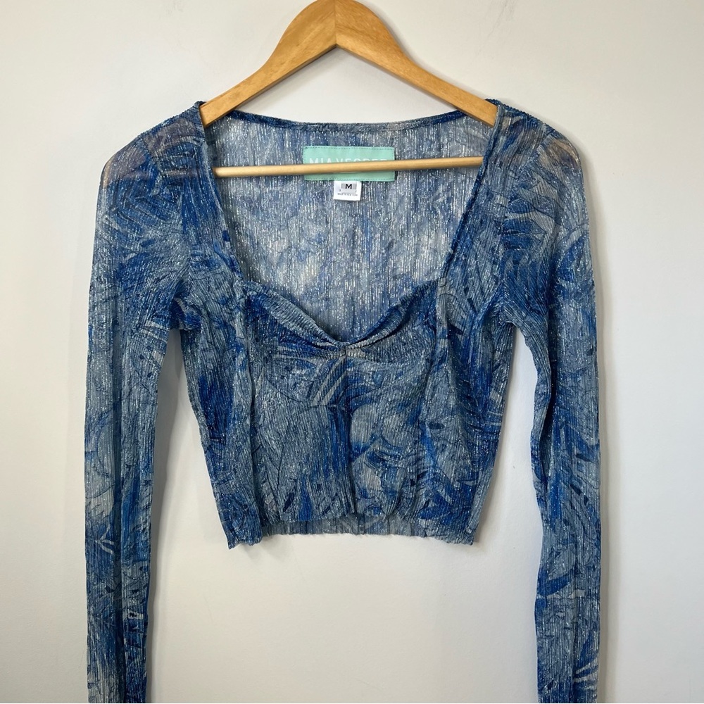 Mia Vesper Top Medium Blue Metallic Slinky Ballerina Babydoll Crop Top NWOT